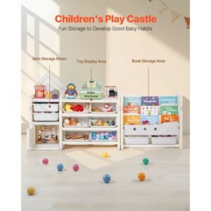 kids toy storage with bookshelf, 4 tier toy storage organizer with 10 movable plastic bins, kids cubby cabinet with bookshelf for study room, bedroom, playroom, classroom, nursery, gray + beige