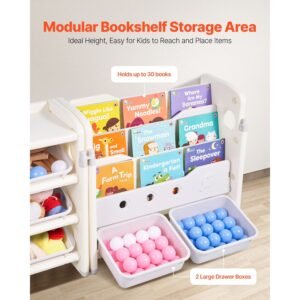 kids toy storage with bookshelf, 4 tier toy storage organizer with 10 movable plastic bins, kids cubby cabinet with bookshelf for study room, bedroom, playroom, classroom, nursery, gray + beige