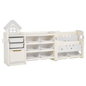 kids toy storage with bookshelf, 4 tier toy storage organizer with 10 movable plastic bins, kids cubby cabinet with bookshelf for study room, bedroom, playroom, classroom, nursery, gray + beige