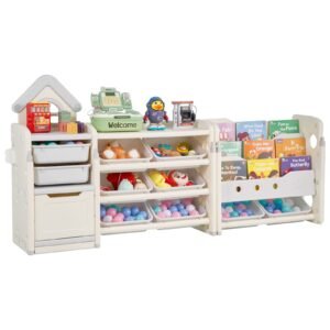 kids toy storage with bookshelf, 4 tier toy storage organizer with 10 movable plastic bins, kids cubby cabinet with bookshelf for study room, bedroom, playroom, classroom, nursery, gray + beige