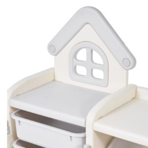 kids toy storage with bookshelf, 4 tier toy storage organizer with 10 movable plastic bins, kids cubby cabinet with bookshelf for study room, bedroom, playroom, classroom, nursery, gray + beige