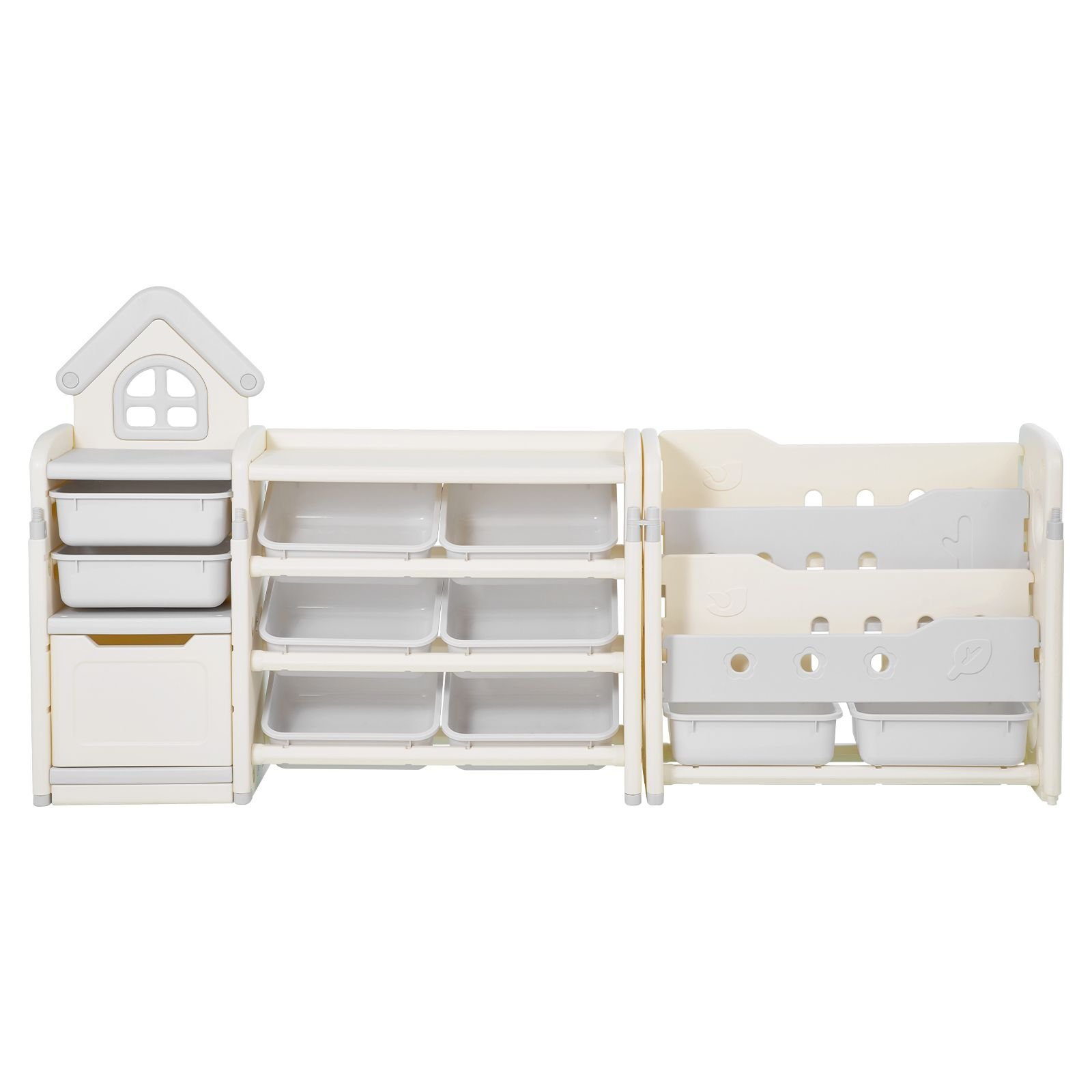 kids toy storage with bookshelf, 4 tier toy storage organizer with 10 movable plastic bins, kids cubby cabinet with bookshelf for study room, bedroom, playroom, classroom, nursery, gray + beige