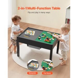 kids wooden activity table, building blocks double sided tabletop, multi purpose activity play table with 2 storage bins for kids 3+ years, large storage space, present for boys & girls, black
