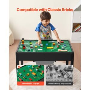 kids wooden activity table, building blocks double sided tabletop, multi purpose activity play table with 2 storage bins for kids 3+ years, large storage space, present for boys & girls, black