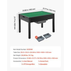 kids wooden activity table, building blocks double sided tabletop, multi purpose activity play table with 2 storage bins for kids 3+ years, large storage space, present for boys & girls, black