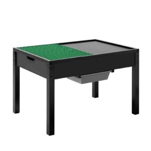 kids wooden activity table, building blocks double sided tabletop, multi purpose activity play table with 2 storage bins for kids 3+ years, large storage space, present for boys & girls, black