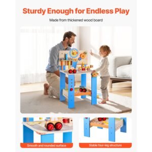 kids workbench, 62 pcs, wooden tool bench for kids 3 years and up, toddler toy workbench with realistic tools, building toy set creative & educational construction toy for boys & girls