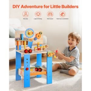 kids workbench, 62 pcs, wooden tool bench for kids 3 years and up, toddler toy workbench with realistic tools, building toy set creative & educational construction toy for boys & girls