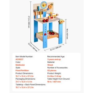 kids workbench, 62 pcs, wooden tool bench for kids 3 years and up, toddler toy workbench with realistic tools, building toy set creative & educational construction toy for boys & girls