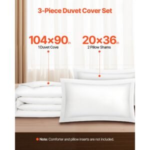 king duvet cover set, 100% cotton, 3 pieces bedding set king size with 1 duvet cover 104 x 90 in and 2 pillow shams 20 x 36 in, soft breathable, double zipper closure, for home bedding, white