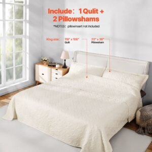 king quilt set, 3 piece lightweight comforter, cotton king size quilt bedding set, beige bedspreads with 1 quilt and 2 pillow shams, lightweight bedspread coverlet bedding set, for all season