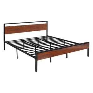 king size bed frame, 14 inch black metal platform bed frame with retro brown wooden headboard and footboard, large under bed storage, non slip without noise, no box spring needed, easy assembly