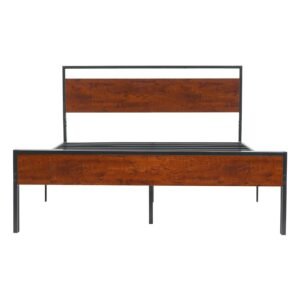 king size bed frame, 14 inch black metal platform bed frame with retro brown wooden headboard and footboard, large under bed storage, non slip without noise, no box spring needed, easy assembly