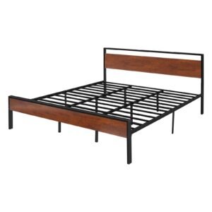 King Size Bed Frame, 14 Inch Black Metal Platform Bed Frame with Retro Brown Wooden Headboard and Footboard, Large Under-Bed Storage, Non-Slip Without Noise, No Box Spring Needed, Easy Assembly