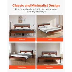 king size bed frame, 14 inch black metal platform bed frame with retro brown wooden headboard and footboard, large under bed storage, non slip without noise, no box spring needed, easy assembly