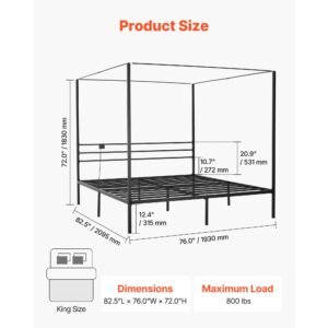 king size canopy bed frame, metal canopy bed with charging station and four posters design, heavy duty steel slats support, underbed storage space, no box spring needed, easy assembly, black