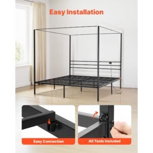king size canopy bed frame, metal canopy bed with charging station and four posters design, heavy duty steel slats support, underbed storage space, no box spring needed, easy assembly, black