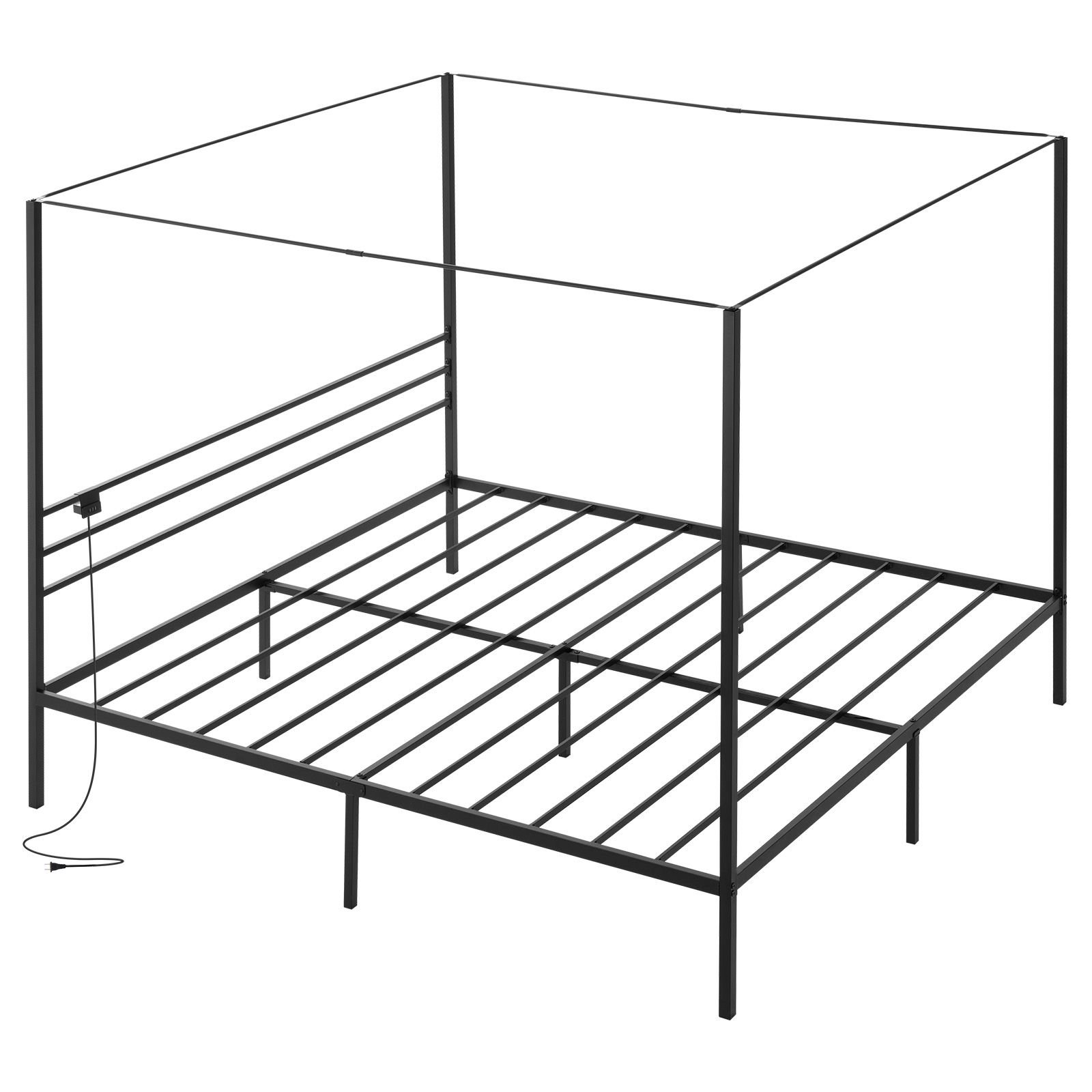 king size canopy bed frame, metal canopy bed with charging station and four posters design, heavy duty steel slats support, underbed storage space, no box spring needed, easy assembly, black