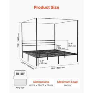 king size canopy bed frame, metal canopy bed with four posters design, heavy duty steel slats support, underbed storage space, no box spring needed, easy assembly, black