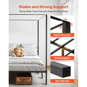 king size canopy bed frame, metal canopy bed with four posters design, heavy duty steel slats support, underbed storage space, no box spring needed, easy assembly, black