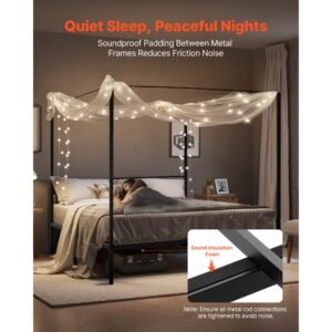 king size canopy bed frame, metal canopy bed with four posters design, heavy duty steel slats support, underbed storage space, no box spring needed, easy assembly, black