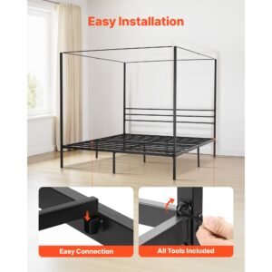 king size canopy bed frame, metal canopy bed with four posters design, heavy duty steel slats support, underbed storage space, no box spring needed, easy assembly, black