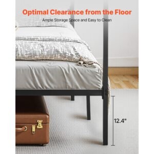 king size canopy bed frame, metal canopy bed with four posters design, heavy duty steel slats support, underbed storage space, no box spring needed, easy assembly, black