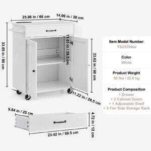 kitchen island cart, 32" mobile carts with storage cabinet, rolling table with power outlet, spice rack, towel bar, adjustable shelf, drawer, dining living room portable islands on wheels, white