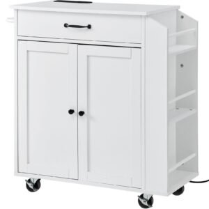kitchen island cart, 32" mobile carts with storage cabinet, rolling table with power outlet, spice rack, towel bar, adjustable shelf, drawer, dining living room portable islands on wheels, white