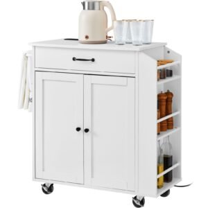kitchen island cart, 32" mobile carts with storage cabinet, rolling table with power outlet, spice rack, towel bar, adjustable shelf, drawer, dining living room portable islands on wheels, white