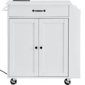 kitchen island cart, 32" mobile carts with storage cabinet, rolling table with power outlet, spice rack, towel bar, adjustable shelf, drawer, dining living room portable islands on wheels, white