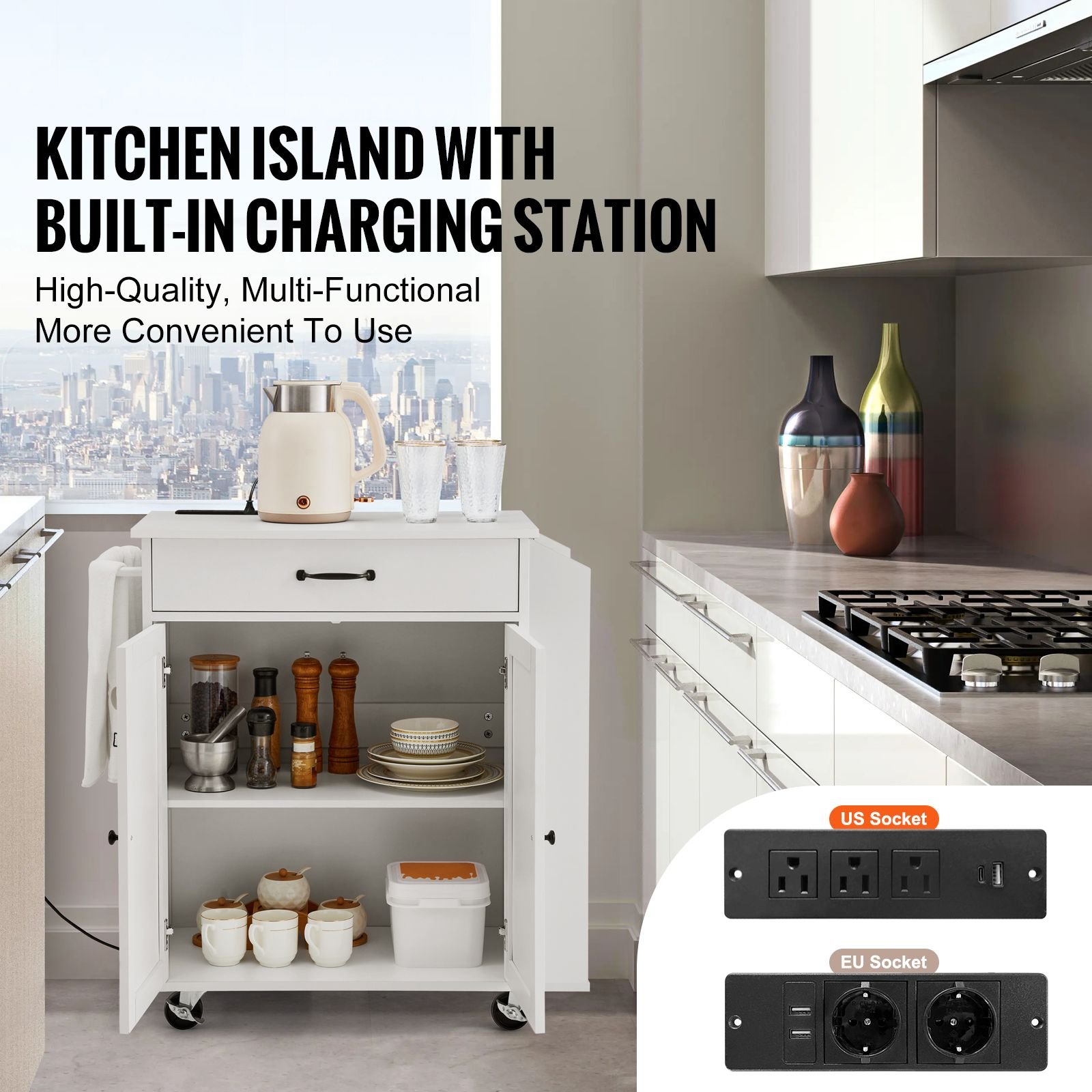 kitchen island cart, 32" mobile carts with storage cabinet, rolling table with power outlet, spice rack, towel bar, adjustable shelf, drawer, dining living room portable islands on wheels, white