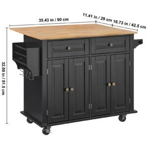 kitchen island cart, 43" wood top mobile carts with storage cabinet, rolling table with drop leaf, spice rack, towel bar, adjustable shelf, drawer, and hooks, portable islands on wheels, black