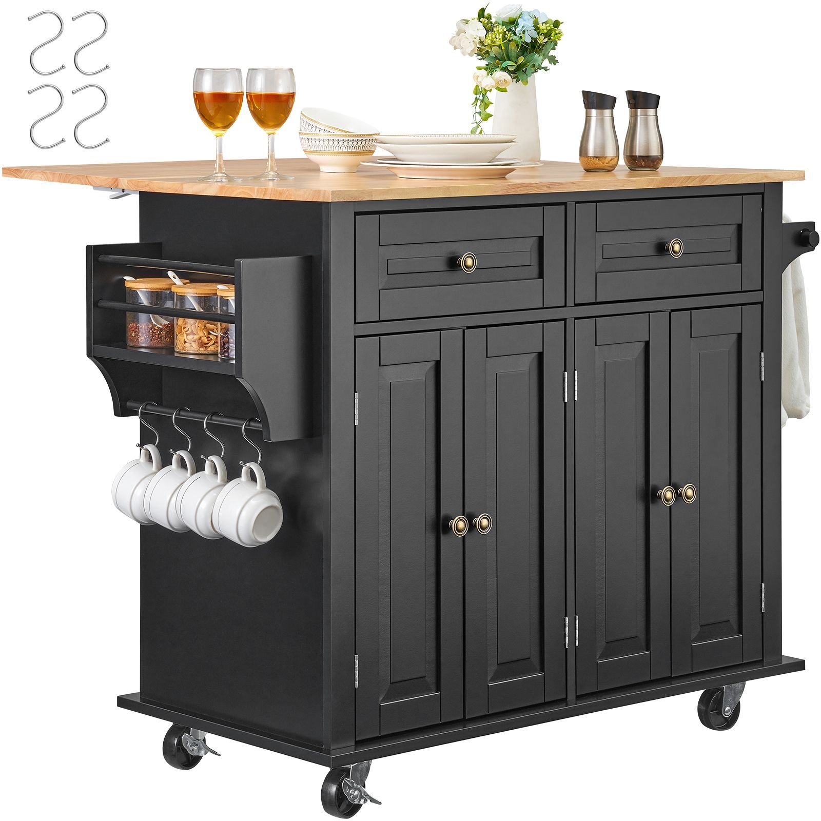 kitchen island cart, 43" wood top mobile carts with storage cabinet, rolling table with drop leaf, spice rack, towel bar, adjustable shelf, drawer, and hooks, portable islands on wheels, black