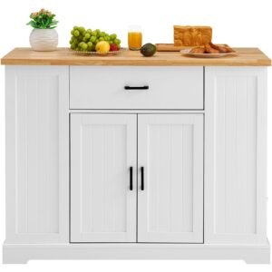 kitchen island cart, 46" wood top breakfast bar with storage cabinet, farmhouse kitchen table with adjustable shelf, drawer, for dining kitchen living room, white