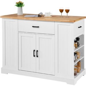 Kitchen Island Cart, 46" Wood Top Breakfast Bar with Storage Cabinet, Farmhouse Kitchen Table with Adjustable Shelf, Drawer, for Dining Kitchen Living Room, White