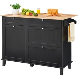 kitchen island cart, 50" wood top breakfast bar with trash cabinet tilt out 10 gallon storage, farmhouse dining living room table with drop leaf, towel bar, drawer, black