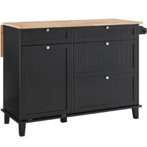 kitchen island cart, 50" wood top breakfast bar with trash cabinet tilt out 10 gallon storage, farmhouse dining living room table with drop leaf, towel bar, drawer, black