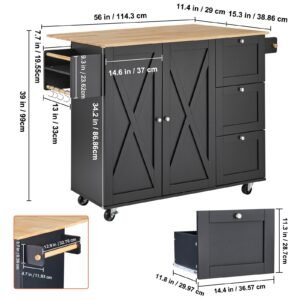 kitchen island cart, 56" wood top mobile carts with storage cabinet, rolling table with drop leaf, spice rack, towel bar, adjustable shelf, drawer, and hooks, portable islands on wheels, black