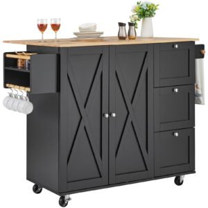 kitchen island cart, 56" wood top mobile carts with storage cabinet, rolling table with drop leaf, spice rack, towel bar, adjustable shelf, drawer, and hooks, portable islands on wheels, black
