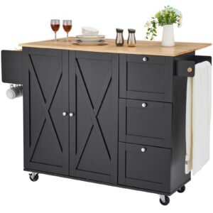 Kitchen Island Cart, 56" Wood Top Mobile Carts with Storage Cabinet, Rolling Table with Drop Leaf, Spice Rack, Towel Bar, Adjustable Shelf, Drawer, and Hooks, Portable Islands on Wheels, Black
