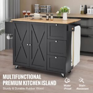 kitchen island cart, 56" wood top mobile carts with storage cabinet, rolling table with drop leaf, spice rack, towel bar, adjustable shelf, drawer, and hooks, portable islands on wheels, black