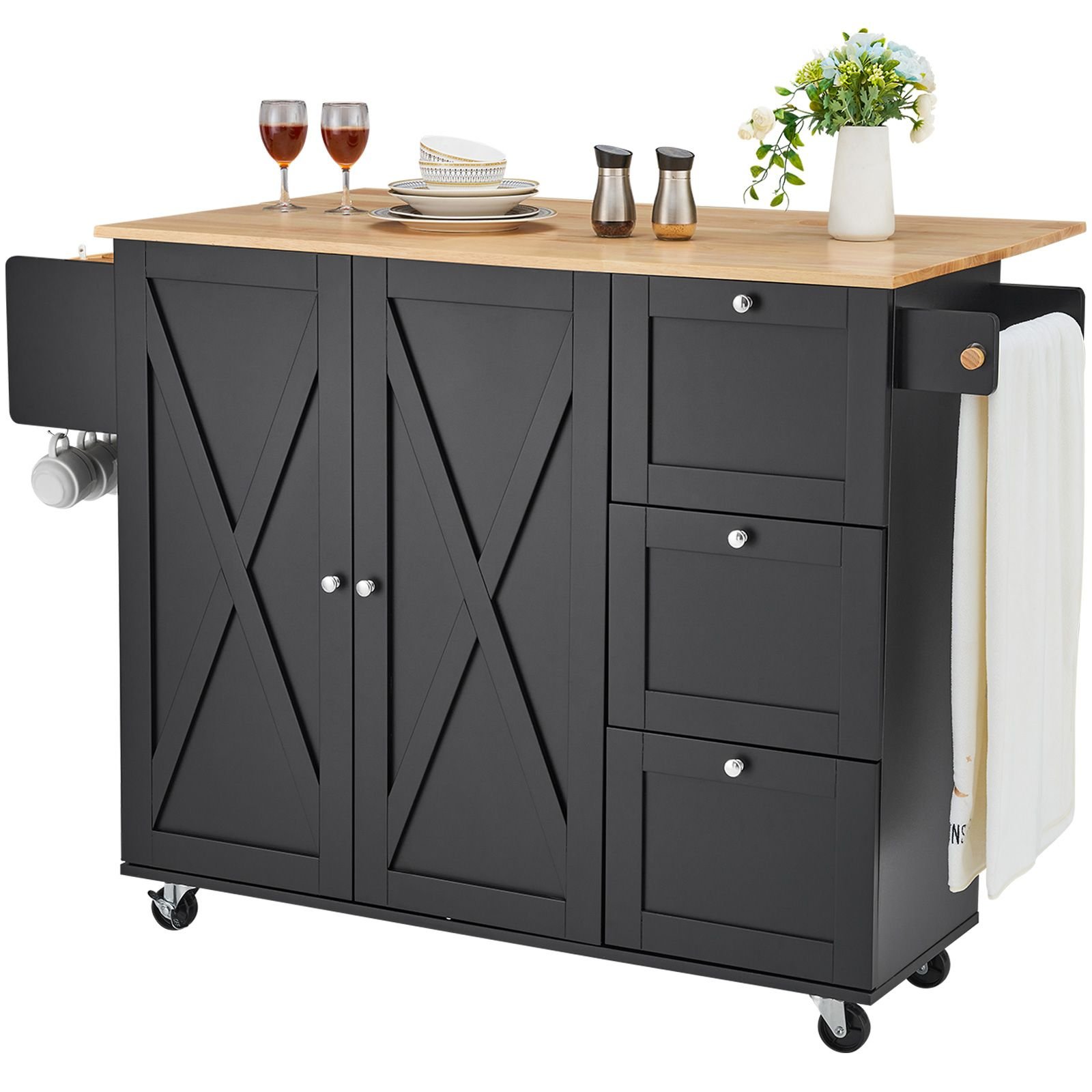 kitchen island cart, 56" wood top mobile carts with storage cabinet, rolling table with drop leaf, spice rack, towel bar, adjustable shelf, drawer, and hooks, portable islands on wheels, black