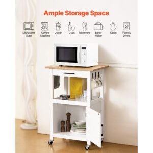 kitchen island cart with single door cabinet, mobile carts with drawer, towel rack, hooks, portable table on swivel wheels, small coffee islands microwave stand for dining room, 18x23 in, white