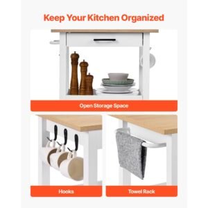 kitchen island cart with single door cabinet, mobile carts with drawer, towel rack, hooks, portable table on swivel wheels, small coffee islands microwave stand for dining room, 18x23 in, white
