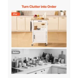 kitchen island cart with single door cabinet, mobile carts with drawer, towel rack, hooks, portable table on swivel wheels, small coffee islands microwave stand for dining room, 18x23 in, white