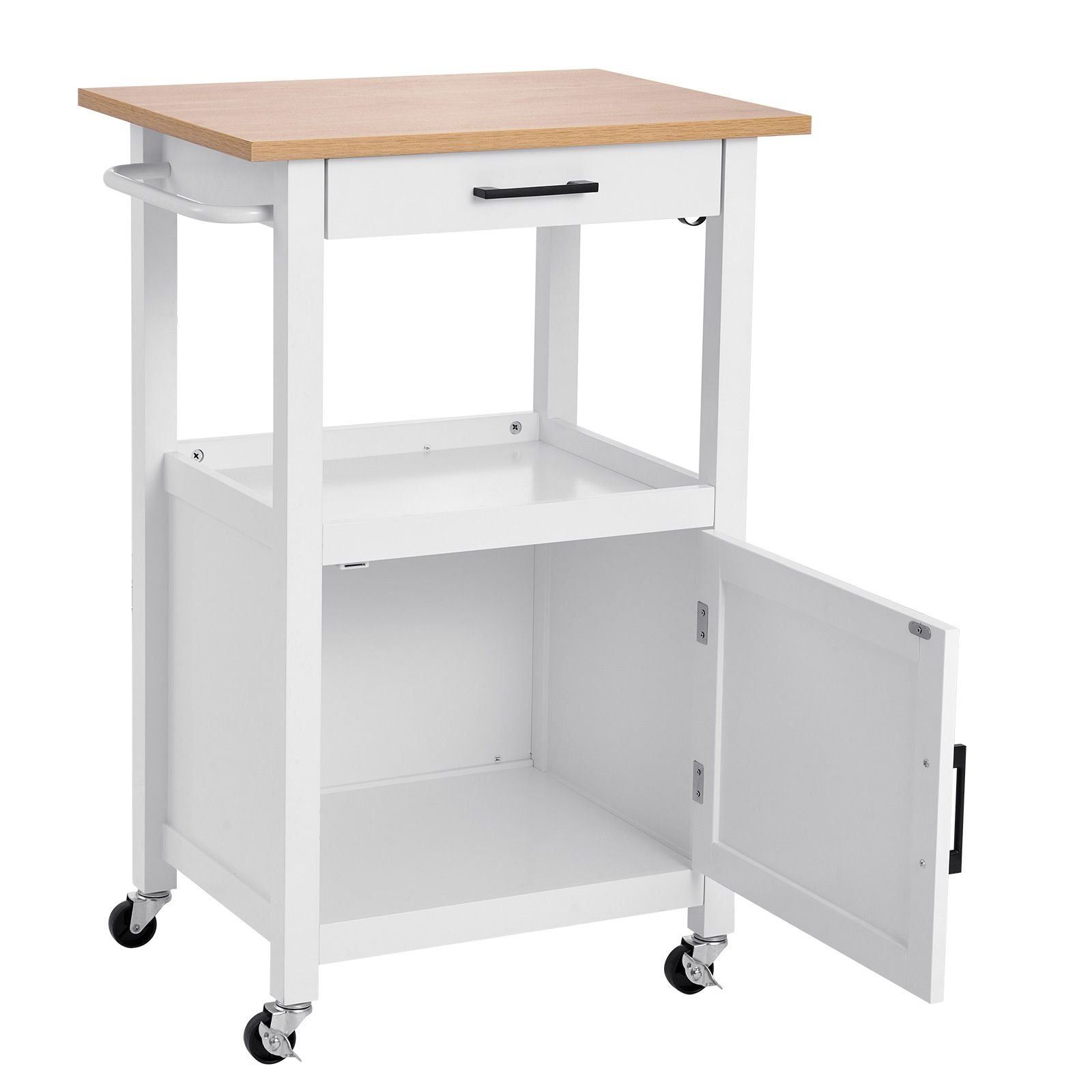 kitchen island cart with single door cabinet, mobile carts with drawer, towel rack, hooks, portable table on swivel wheels, small coffee islands microwave stand for dining room, 18x23 in, white