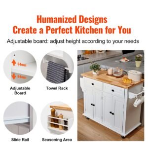kitchen island cart with solid wood top, 35.4" width mobile carts with storage cabinet, rolling kitchen table with spice rack, towel rack, and drawer, portable islands on wheels, white