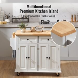 kitchen island cart with solid wood top, 35.4" width mobile carts with storage cabinet, rolling kitchen table with spice rack, towel rack, and drawer, portable islands on wheels, white