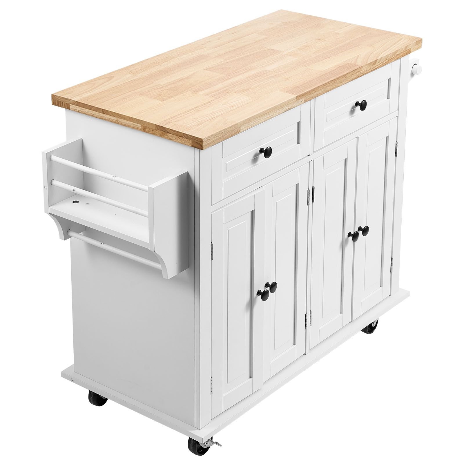 kitchen island cart with solid wood top, 35.4" width mobile carts with storage cabinet, rolling kitchen table with spice rack, towel rack, and drawer, portable islands on wheels, white